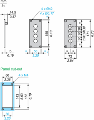 Harmony XAP Front Plate, 4 Cut-Outs, 72 x 171 mm, Anodised Aluminium
