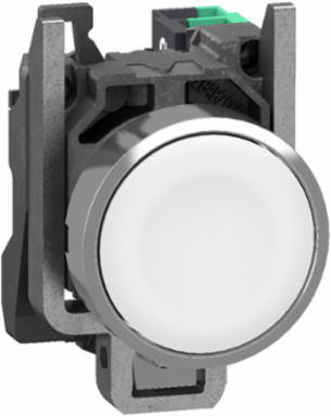 Push button, Harmony XB4, metal, flush, white, 22mm, spring return, unmarked, 1 NO, compact push in terminals