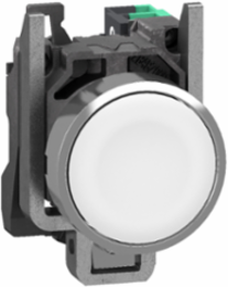 Push button, Harmony XB4, metal, flush, white, 22mm, spring return, unmarked, 1 NO, compact push in terminals
