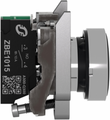 Push button, Harmony XB4, metal, flush, black, 22mm, spring return, unmarked, 1 NO, compact push in terminals