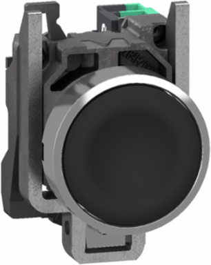 Push button, Harmony XB4, metal, flush, black, 22mm, spring return, unmarked, 1 NO, compact push in terminals