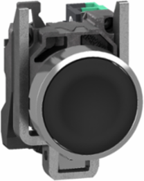 Push button, Harmony XB4, metal, flush, black, 22mm, spring return, unmarked, 1 NO, compact push in terminals