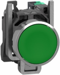 Push button, Harmony XB4, metal, flush, green, 22mm, spring return, unmarked, 1 NO, compact push in terminals