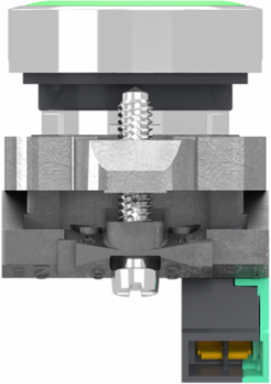 Push button, Harmony XB4, metal, flush, green, 22mm, spring return, white marked I, 1 NO, compact push in terminals
