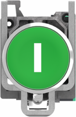Push button, Harmony XB4, metal, flush, green, 22mm, spring return, white marked I, 1 NO, compact push in terminals