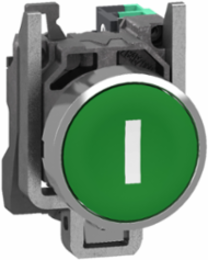 Push button, Harmony XB4, metal, flush, green, 22mm, spring return, white marked I, 1 NO, compact push in terminals