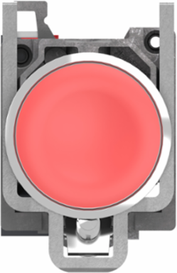 Push button, Harmony XB4, metal, flush, red, 22mm, spring return, unmarked, 1 NC, compact push in terminals