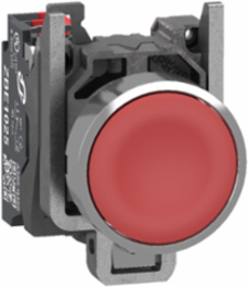 Push button, Harmony XB4, metal, flush, red, 22mm, spring return, unmarked, 1 NC, compact push in terminals