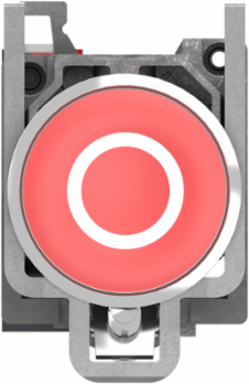 Push button, Harmony XB4, metal, flush, red, 22mm, spring return, white marked O, 1 NC, compact push in terminals