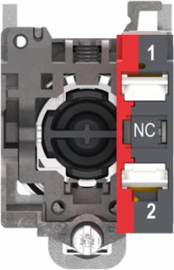 Push button, Harmony XB4, metal, flush, red, 22mm, spring return, white marked O, 1 NC, compact push in terminals