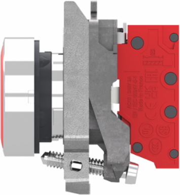 Push button, Harmony XB4, metal, flush, red, 22mm, spring return, white marked O, 1 NC, compact push in terminals