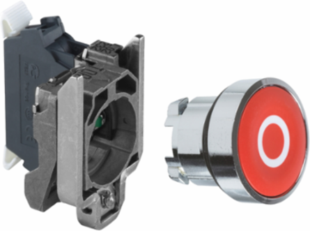Push button, Harmony XB4, metal, flush, red, 22mm, spring return, white marked O, 1 NC, compact push in terminals