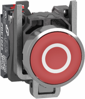 Push button, Harmony XB4, metal, flush, red, 22mm, spring return, white marked O, 1 NC, compact push in terminals