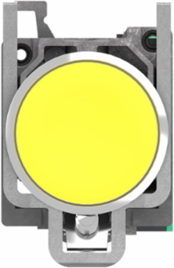 Push button, Harmony XB4, metal, flush, yellow, 22mm, spring return, unmarked, 1 NO, compact push in terminals