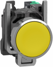 Push button, Harmony XB4, metal, flush, yellow, 22mm, spring return, unmarked, 1 NO, compact push in terminals