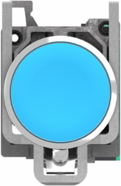 Push button, Harmony XB4, metal, flush, blue, 22mm, spring return, unmarked, 1 NO, compact push in terminals