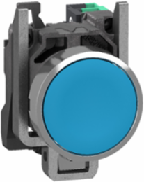 Push button, Harmony XB4, metal, flush, blue, 22mm, spring return, unmarked, 1 NO, compact push in terminals