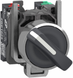 Selector switch, Harmony XB4, metal, black, 22mm, 2 positions, stay put, 1 NO + 1 NC, compact push in terminals