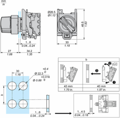 Selector switch, Harmony XB4, metal, black, 22mm, 3 positions, stay put, 2 NO, compact push in terminals