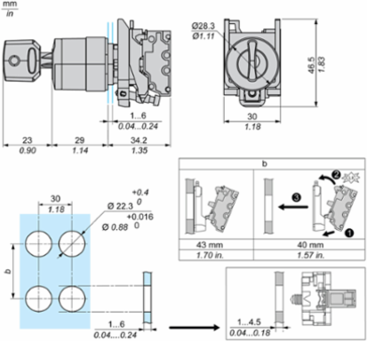 Key switch selector, Harmony XB4, metal, black, 22mm, key 455, 3 positions, stay put, key release center, 2 NO, push in