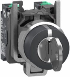 Key switch selector, Harmony XB4, metal, black, 22mm, key 455, 3 positions, stay put, key release center, 2 NO, push in
