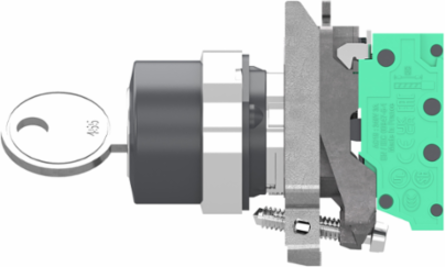 Key switch selector, Harmony XB4, metal, black, 22mm, key 455, 2 pos, spring return from right to left, 1 NO, push in