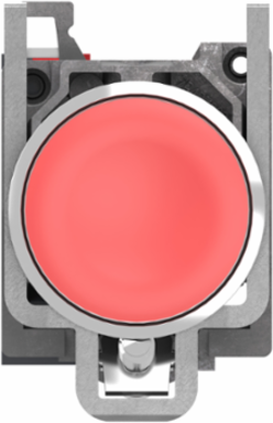 Push button, Harmony XB4, metal, projecting, red, 22mm, spring return, unmarked, 1 NC, compact push in terminals