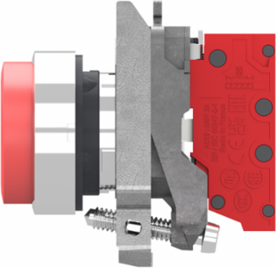 Push button, Harmony XB4, metal, projecting, red, 22mm, spring return, unmarked, 1 NC, compact push in terminals