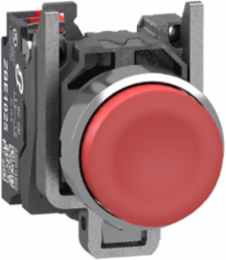 Push button, Harmony XB4, metal, projecting, red, 22mm, spring return, unmarked, 1 NC, compact push in terminals