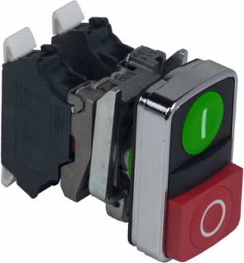 Double headed push button, Harmony XB4, metal, 22mm, 1 green flush marked I + 1 red projecting marked O, 1NO+1NC, push in