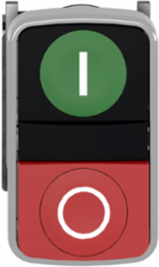 Double headed push button, Harmony XB4, metal, 22mm, 1 green flush marked I + 1 red projecting marked O, 1NO+1NC, push in