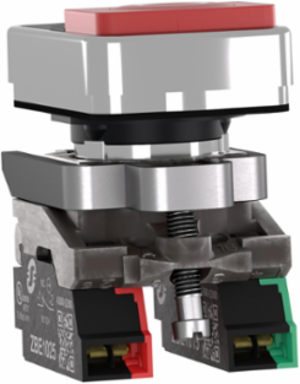 Double headed push button, Harmony XB4, metal, 22mm, 1 green flush marked I + 1 red projecting marked O, 1NO+1NC, push in