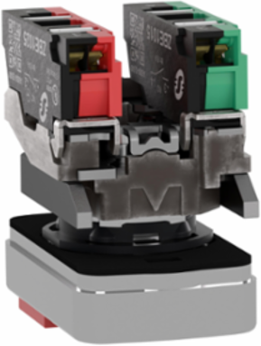 Double headed push button, Harmony XB4, metal, 22mm, 1 green flush marked I + 1 red projecting marked O, 1NO+1NC, push in