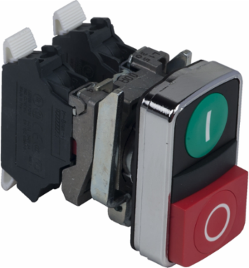 Double headed push button, Harmony XB4, metal, 22mm, 1 green flush marked I + 1 red projecting marked O, 1NO+1NC, push in