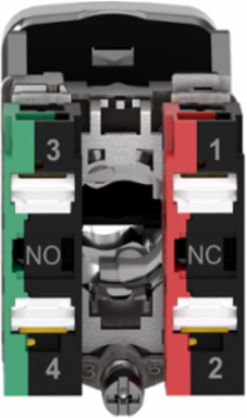 Double headed push button, Harmony XB4, metal, 22mm, 1 green flush marked I + 1 red projecting marked O, 1NO+1NC, push in