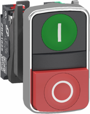 Double headed push button, Harmony XB4, metal, 22mm, 1 green flush marked I + 1 red projecting marked O, 1NO+1NC, push in