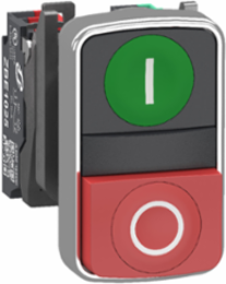 Double headed push button, Harmony XB4, metal, 22mm, 1 green flush marked I + 1 red projecting marked O, 1NO+1NC, push in