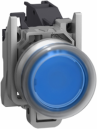 Complete push button, Harmony XB4 - ATEX D, blue projecting with boot, metal, 22mm, spring return, 1NO, for insertion of legend