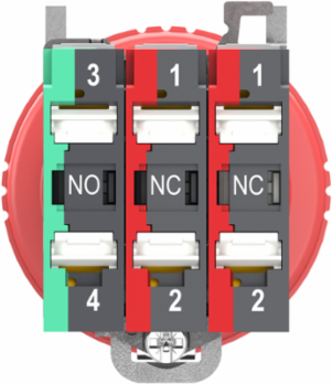 Emergency stop switching off, Harmony XB4, metal, red mushroom 40mm, 22mm, trigger turn to release, 1 NO + 2 NC, push in