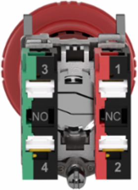 Emergency stop switching off, Harmony XB4, metal, red mushroom 40mm, 22mm, trigger turn to release, 1 NO + 1 NC, push in