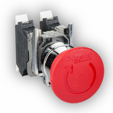 Emergency stop switching off, Harmony XB4, metal, red mushroom 40mm, 22mm, trigger turn to release, 1 NO + 1 NC, push in