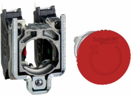 Emergency stop switching off, Harmony XB4, metal, red mushroom 40mm, 22mm, trigger turn to release, 1 NO + 1 NC, push in