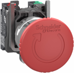 Emergency stop switching off, Harmony XB4, metal, red mushroom 40mm, 22mm, trigger turn to release, 1 NO + 1 NC, push in