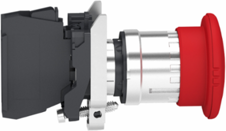 Emergency stop switching off, Harmony XB4, metal, red mushroom 40mm, 22mm, trigger latching turn to release, 1NC with monitoring
