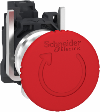 Emergency stop switching off, Harmony XB4, metal, red mushroom 40mm, 22mm, trigger latching turn to release, 1NC with monitoring