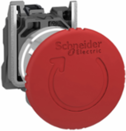 Emergency stop switching off, Harmony XB4, metal, red mushroom 40mm, 22mm, trigger latching turn to release, 1NC with monitoring