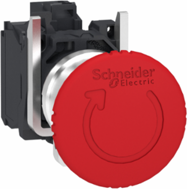 Emergency stop switching off, Harmony XB4, metal, red mushroom 40mm, 22mm, trigger latching turn to release, 2NC with monitoring