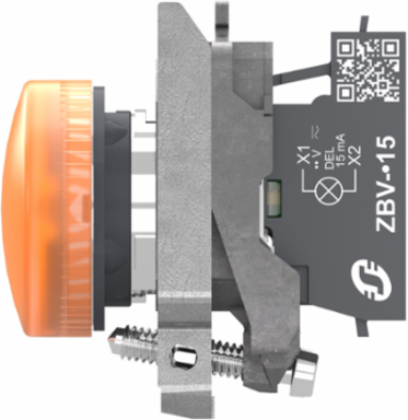 Pilot light, Harmony XB4, metal, orange, 22mm, universal LED, plain lens, 24V AC DC, compact push in terminals