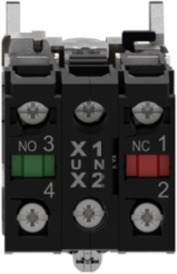 Illuminated push button, Harmony XB4, green flush, universal LED, 22mm, spring return, plain lens, 1NO + 1NC, 110…120V