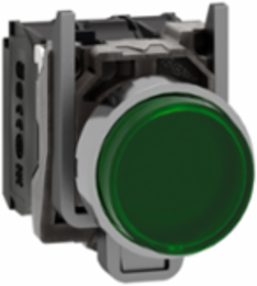 Illuminated push button, Harmony XB4, green flush, universal LED, 22mm, spring return, plain lens, 1NO + 1NC, 110…120V